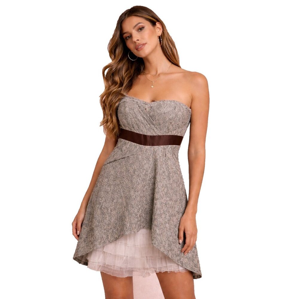Ryu Cocktail Dress Small Brown‎ Babydoll Strapless Lace Tulle Fairy BOHO Y2K
